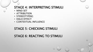 STAGE 4: INTERPRETING STIMULI
• MIND SET
• ATTRIBUTION
• STEREOTYPING
• HALO EFFECT
• CONTEXTUAL INFLUENCE
STAGE 5: CHECKING STIMULI
STAGE 6: REACTING TO STIMULI
 