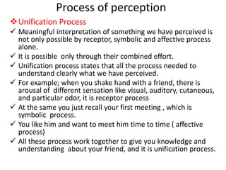 Process of perception
Unification Process
 Meaningful interpretation of something we have perceived is
not only possible...