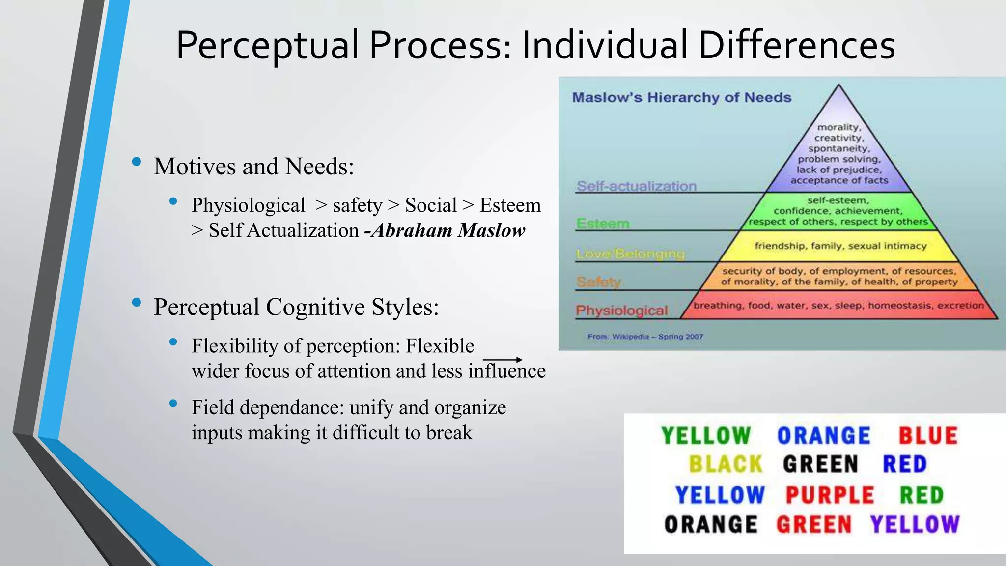 Perceptual Process: Individual Differences
• Motives and Needs:
• Physiological > safety > Social > Esteem
> Self Actualization -Abraham Maslow
• Perceptual Cognitive Styles:
• Flexibility of perception: Flexible
wider focus of attention and less influence
• Field dependance: unify and organize
inputs making it difficult to break
 