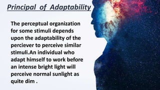 The perceptual organization
for some stimuli depends
upon the adaptability of the
perciever to perceive similar
stimuli.An individual who
adapt himself to work before
an intense bright light will
perceive normal sunlight as
quite dim .
Principal of Adaptability
 