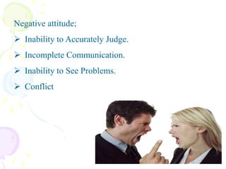 Negative attitude;
 Inability to Accurately Judge.
 Incomplete Communication.
 Inability to See Problems.
 Conflict

 