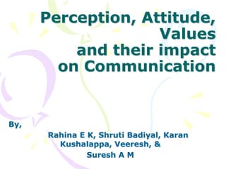 Perception, Attitude,
Values
and their impact
on Communication

By,
Rahina E K, Shruti Badiyal, Karan
Kushalappa, Veeresh, &
Suresh A M

 