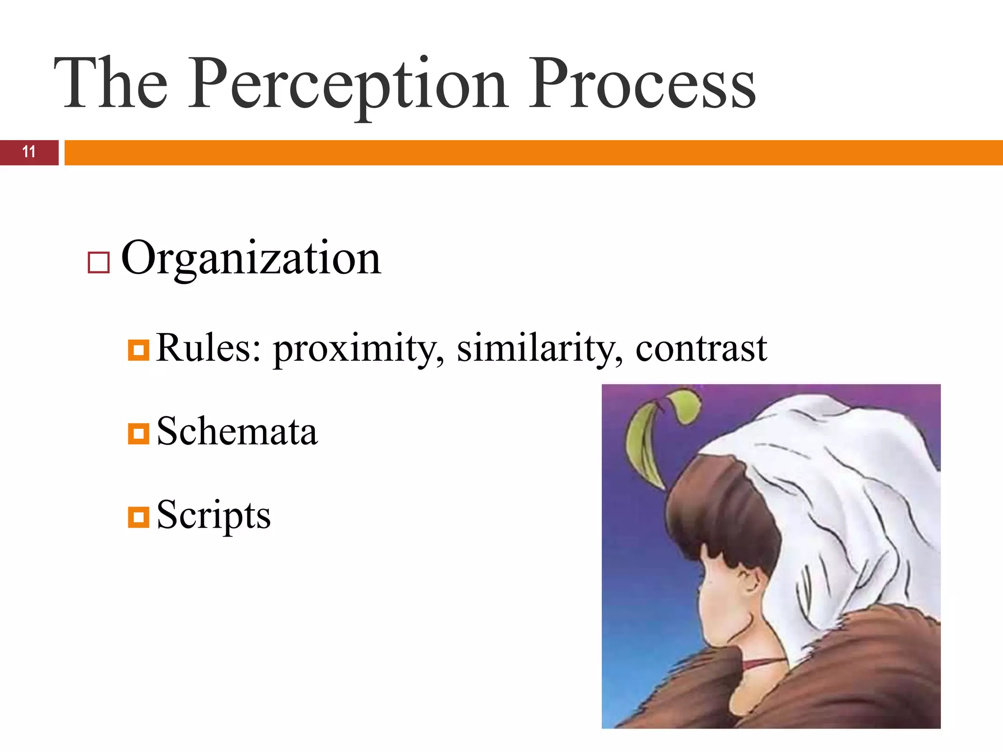 The Perception Process11OrganizationRules: proximity, similarity, contrastSchemataScripts