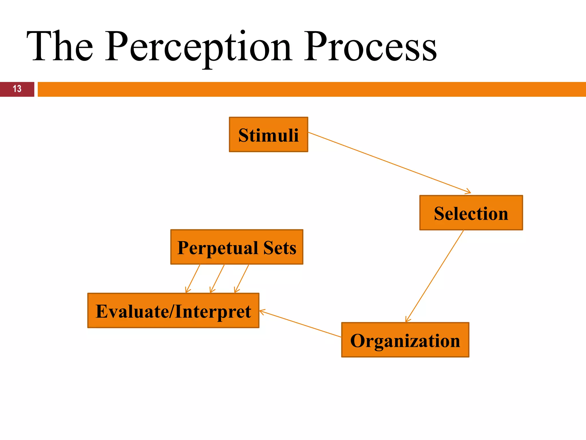13The Perception ProcessStimuliSelectionPerpetual SetsEvaluate/InterpretOrganization