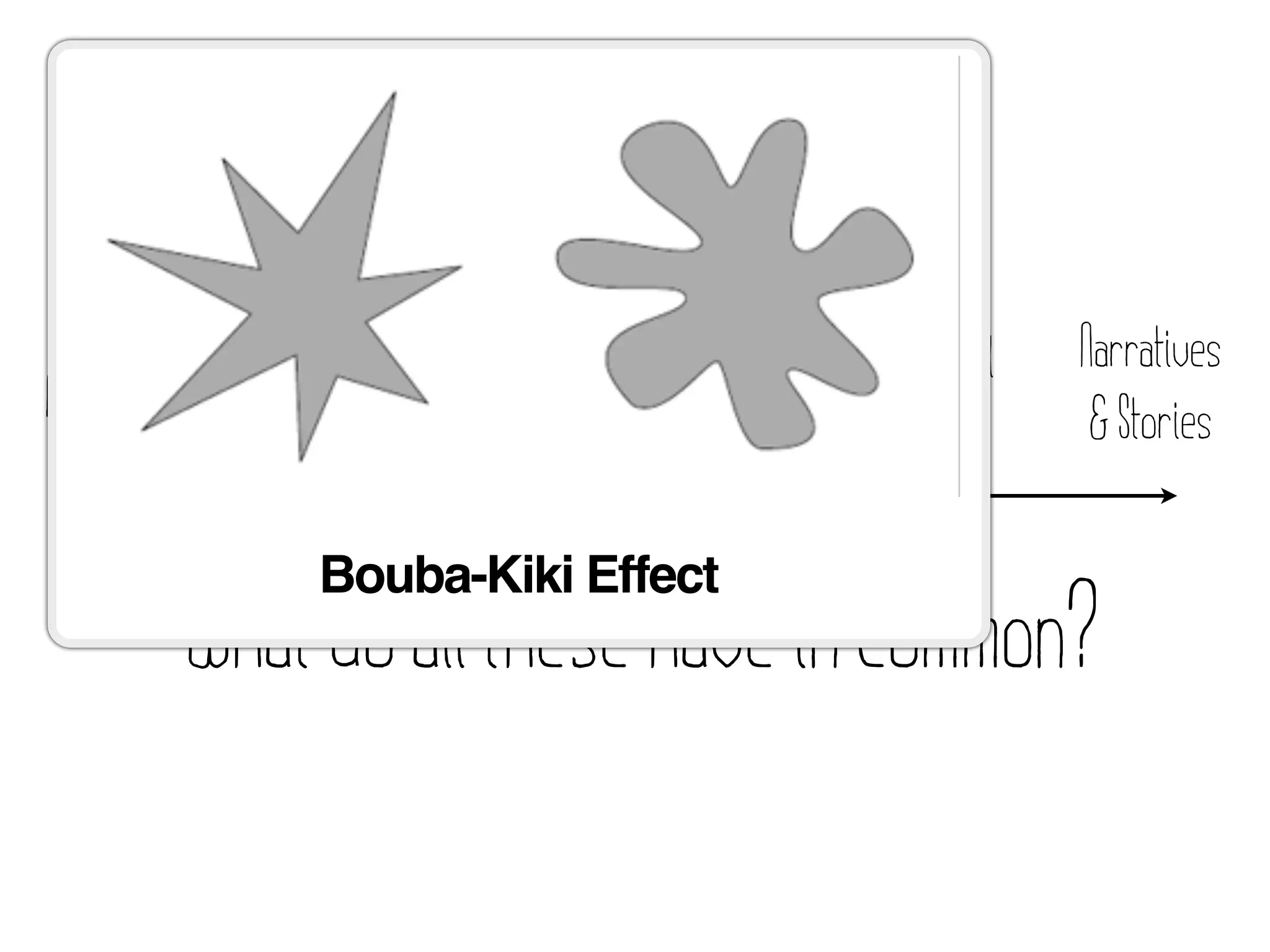 Aesthetic                     Perceived                      Semiotics/   Conceptual   Narratives
Associations                  Affordances                    Iconography   Metaphor      & Stories
 (shapes, colors, movement)   (shadows, reflections, etc.)




                               Bouba-Kiki Effect
                        What do all these have in common?
 