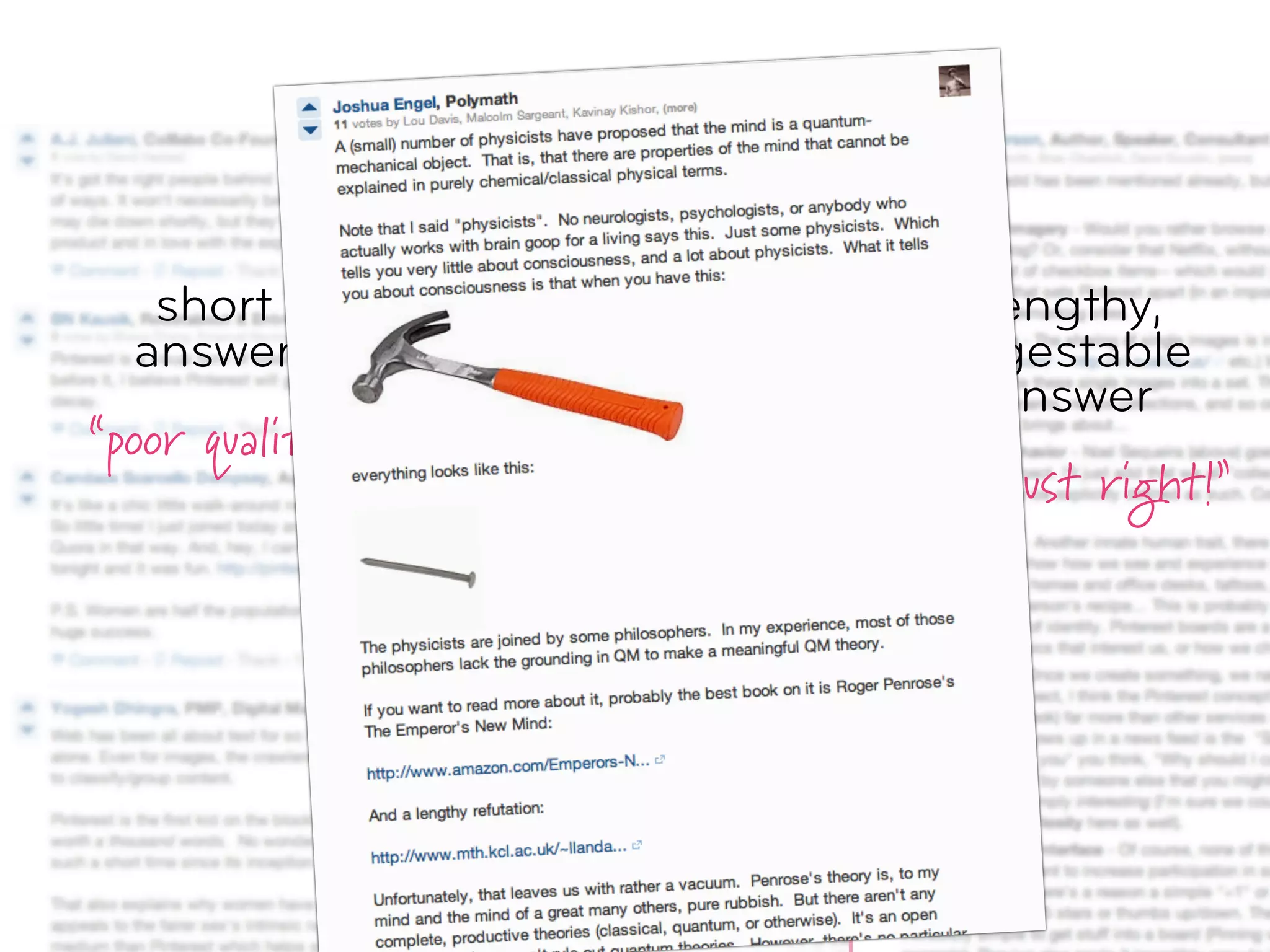 short            verbose             lengthy,
  answer            answer             digestable
                                         answer
“poor quality”    “too much effort
                 (for me to read)”   “ah, just right!”
 