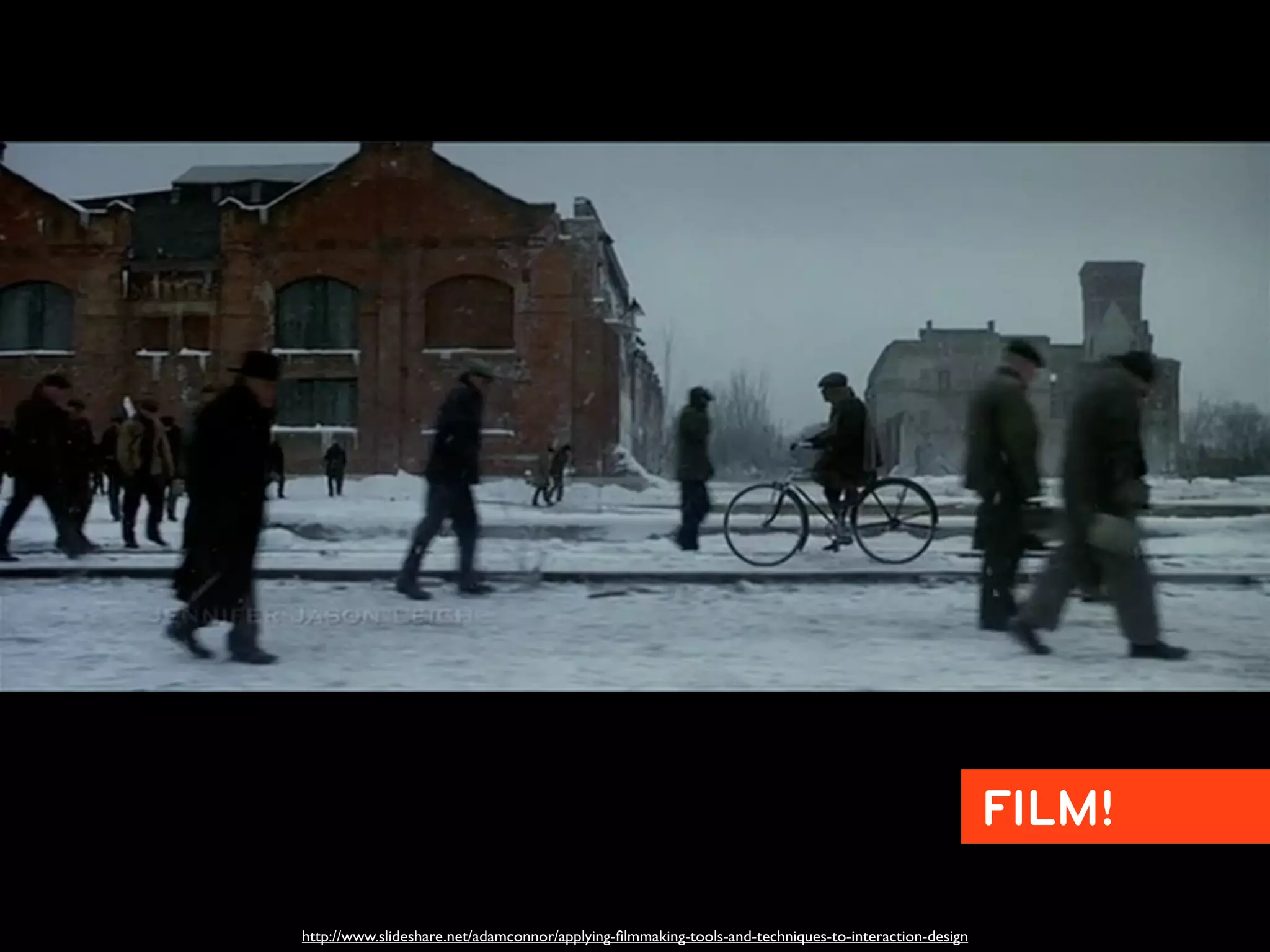 FILM!

http://www.slideshare.net/adamconnor/applying-ﬁlmmaking-tools-and-techniques-to-interaction-design
 