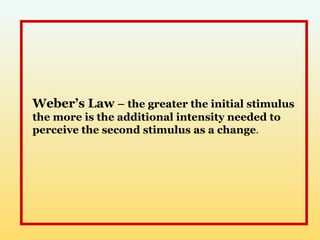 Weber’s Law – the greater the initial stimulus
the more is the additional intensity needed to
perceive the second stimulus as a change.

 