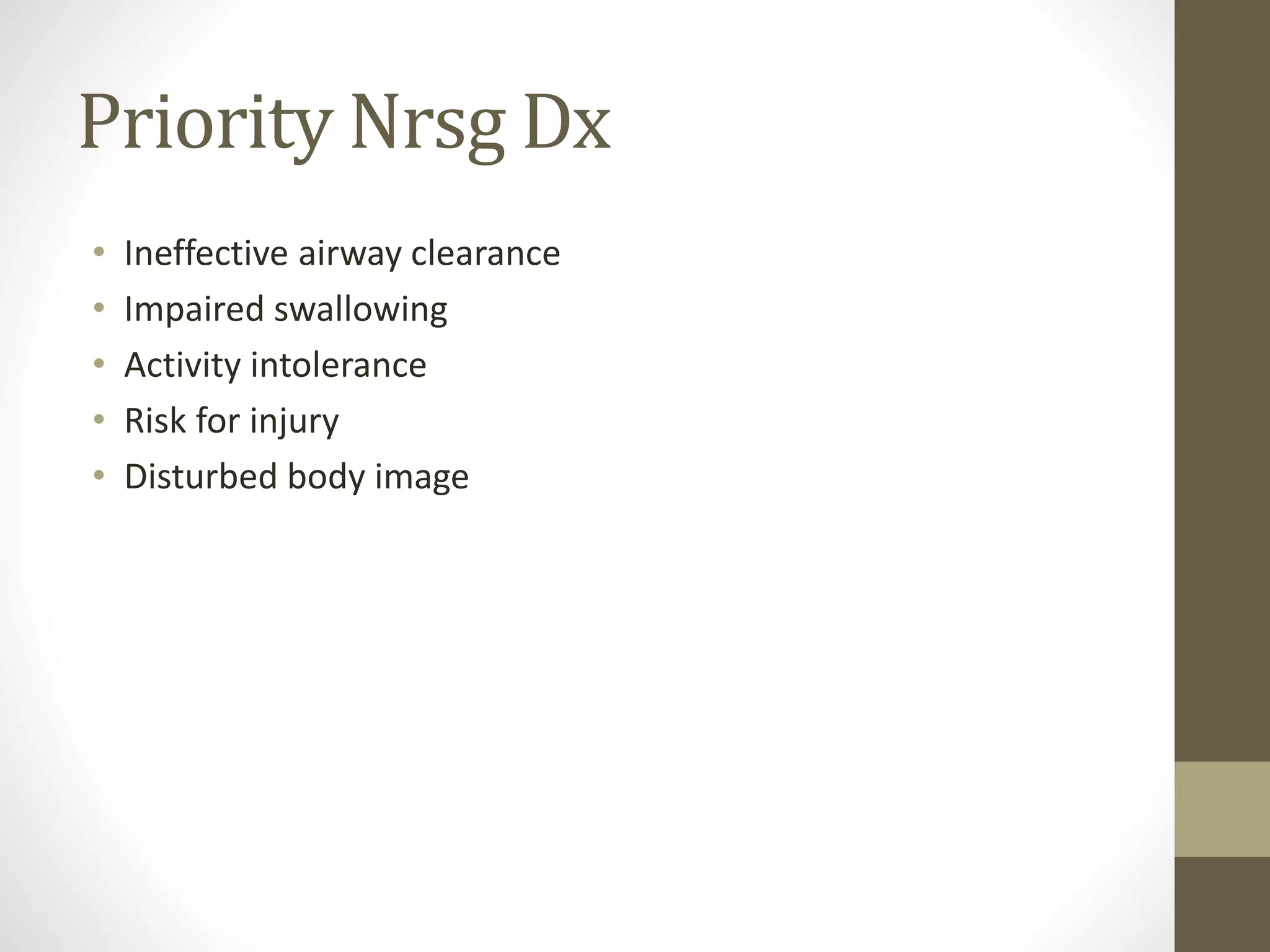 Priority Nrsg Dx
• Ineffective airway clearance
• Impaired swallowing
• Activity intolerance
• Risk for injury
• Disturbed body image
 