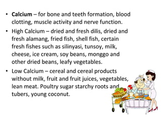Calcium  – for bone and teeth formation, blood clotting, muscle activity and nerve function. High Calcium – dried and fresh dilis, dried and fresh alamang, fried fish, shell fish, certain fresh fishes such as silinyasi, tunsoy, milk, cheese, ice cream, soy beans, monggo and other dried beans, leafy vegetables. Low Calcium – cereal and cereal products without milk, fruit and fruit juices, vegetables, lean meat. Poultry sugar starchy roots and tubers, young coconut. 