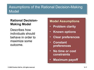 © 2005 Prentice Hall Inc. All rights reserved. 5–17
Assumptions of the Rational Decision-Making
Model
Assumptions of the Rational Decision-Making
Model
Model Assumptions
• Problem clarity
• Known options
• Clear preferences
• Constant
preferences
• No time or cost
constraints
• Maximum payoff
Model Assumptions
• Problem clarity
• Known options
• Clear preferences
• Constant
preferences
• No time or cost
constraints
• Maximum payoff
Rational Decision-
Making Model
Describes how
individuals should
behave in order to
maximize some
outcome.
 