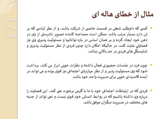 مثال از خطای هاله ای 
کس ی که داوطلب شغلی در قسمت خاص ی از شرکت باشد، و از نظر لباس ی که بر  
تن دارد بسيار مرتب باشد. ممكن است مصاحبه کننده تصوير نادرستی از وی در 
ذهن خود ایجاد کرده و بر همان اساس در باره توانائيها و مسئوليت پذيري وي نيز 
قضاوتي مثبت کند، در حاليکه امکان دارد چنين فردی از نظر مسئوليت پذيری و 
شايستگی های فردی در حد بالایی نباشد. 
چون فرد در جلسات حضوری فعال داشته و نظرات خوبی ابراز می کند، برداشت  
شود که وی مسئولیت پذیر و از نظر مهارتهای اجتماعی نيز قوی بوده و می تواند در 
آینده کاندیدای خوبی برای مدیریتواحد خود باشد. 
فردی که در ارتباطات اجتماعی خود با ما با گرمی برخورد نمی کند، این قضاوت را  
درباره وی داشته باشیم که در روابط انسانی خود قوی نیست و نمی تواند از جنبه 
های مختلفدر مدیریتدیگران موفق باشد. 
 