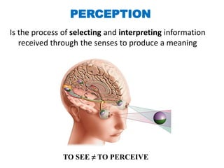 PERCEPTION 
Is the process of selecting and interpreting information 
received through the senses to produce a meaning 
TO...