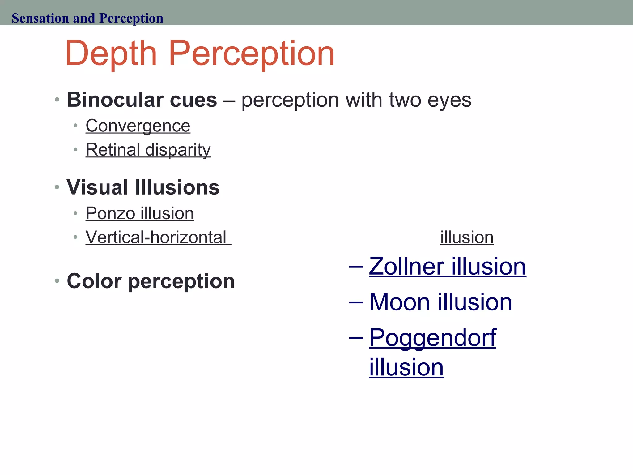 Depth Perception Binocular cues  – perception with two eyes Convergence Retinal disparity Visual Illusions Ponzo illusion Vertical-horizontal  illusion Color perception Sensation and Perception Zollner illusion Moon illusion Poggendorf illusion 