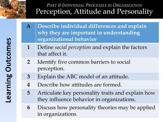 PART II INDIVIDUAL PROCESSES IN ORGANIZATION
Perception, Attitude and PersonalityLearningOutcomes
A Describe individual differences and explain
why they are important in understanding
organizational behavior
1 Define social perception and explain the factors
that affect it.
2 Identify five common barriers to social
perception.
3 Explain the ABC model of an attitude.
4 Describe how attitudes are formed.
5 Articulate key personality traits and explain how
they influence behavior in organizations.
6 Discuss how personality theories may be applied
in organizations.
 
