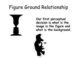 Figure Ground Relationship
Our first perceptual
decision is what is the
image is the figure and
what is the background.
 
