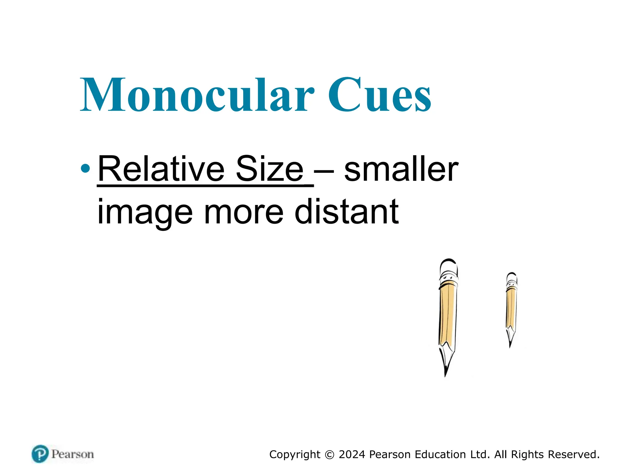 Copyright © 2024 Pearson Education Ltd. All Rights Reserved.
Monocular Cues
•Relative Size – smaller
image more distant
 