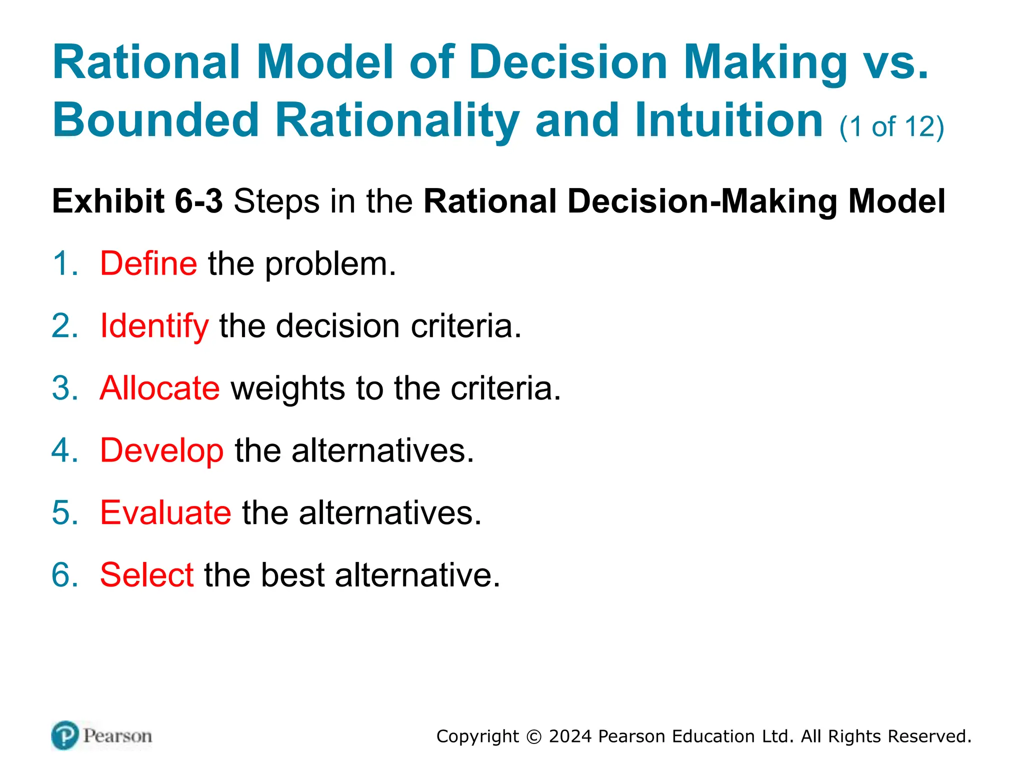 Copyright © 2024 Pearson Education Ltd. All Rights Reserved.
Rational Model of Decision Making vs.
Bounded Rationality and Intuition (1 of 12)
Exhibit 6-3 Steps in the Rational Decision-Making Model
1. Define the problem.
2. Identify the decision criteria.
3. Allocate weights to the criteria.
4. Develop the alternatives.
5. Evaluate the alternatives.
6. Select the best alternative.
 