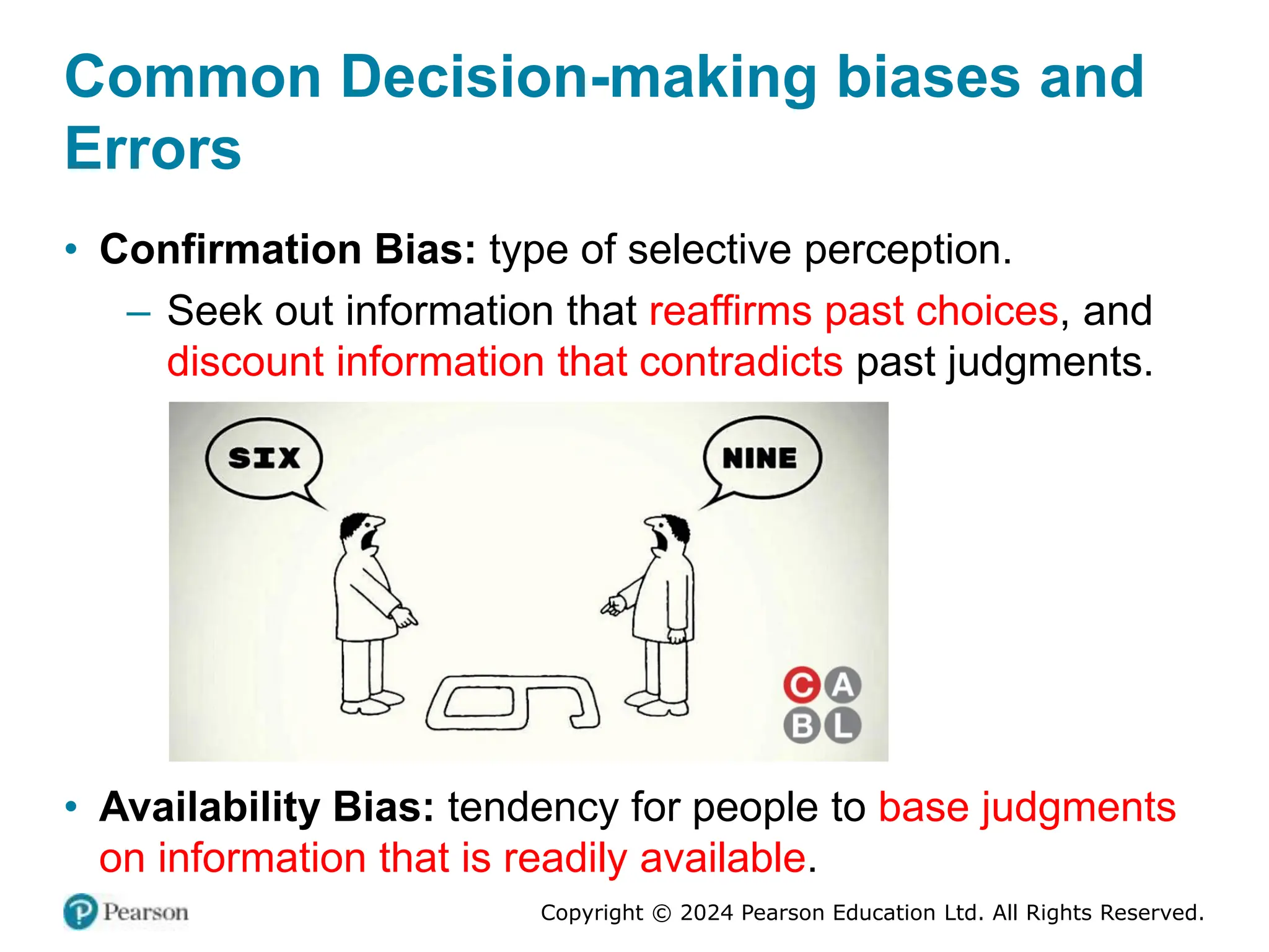 Copyright © 2024 Pearson Education Ltd. All Rights Reserved.
• Confirmation Bias: type of selective perception.
– Seek out information that reaffirms past choices, and
discount information that contradicts past judgments.
• Availability Bias: tendency for people to base judgments
on information that is readily available.
Common Decision-making biases and
Errors
 
