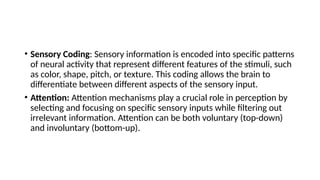 • Sensory Coding: Sensory information is encoded into specific patterns
of neural activity that represent different features of the stimuli, such
as color, shape, pitch, or texture. This coding allows the brain to
differentiate between different aspects of the sensory input.
• Attention: Attention mechanisms play a crucial role in perception by
selecting and focusing on specific sensory inputs while filtering out
irrelevant information. Attention can be both voluntary (top-down)
and involuntary (bottom-up).
 
