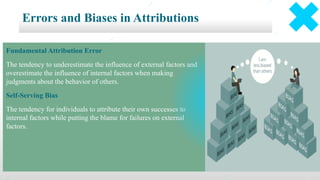 Fundamental Attribution Error
The tendency to underestimate the influence of external factors and
overestimate the influence of internal factors when making
judgments about the behavior of others.
Self-Serving Bias
The tendency for individuals to attribute their own successes to
internal factors while putting the blame for failures on external
factors.
Errors and Biases in Attributions
 