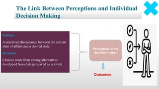 Problem
A perceived discrepancy between the current
state of affairs and a desired state.
Decisions
Choices made from among alternatives
developed from data perceived as relevant.
The Link Between Perceptions and Individual
Decision Making
Perception of the
decision maker
Outcomes
 