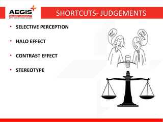 SHORTCUTS- JUDGEMENTS
• SELECTIVE PERCEPTION

• HALO EFFECT

• CONTRAST EFFECT

• STEREOTYPE
 