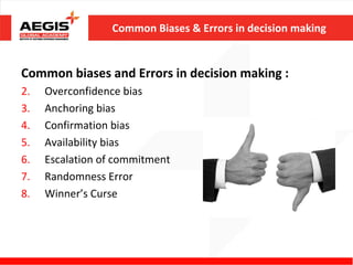 Common Biases & Errors in decision making


Common biases and Errors in decision making :
2.   Overconfidence bias
3.   Anchoring bias
4.   Confirmation bias
5.   Availability bias
6.   Escalation of commitment
7.   Randomness Error
8.   Winner’s Curse
 