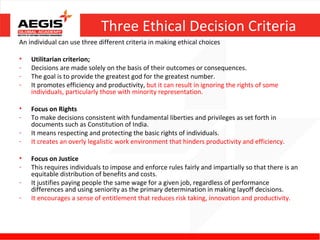 Three Ethical Decision Criteria
An individual can use three different criteria in making ethical choices

•   Utilitarian criterion;
-   Decisions are made solely on the basis of their outcomes or consequences.
-   The goal is to provide the greatest god for the greatest number.
-   It promotes efficiency and productivity, but it can result in ignoring the rights of some
    individuals, particularly those with minority representation.

•   Focus on Rights
-   To make decisions consistent with fundamental liberties and privileges as set forth in
    documents such as Constitution of India.
-   It means respecting and protecting the basic rights of individuals.
-   It creates an overly legalistic work environment that hinders productivity and efficiency.

•   Focus on Justice
-   This requires individuals to impose and enforce rules fairly and impartially so that there is an
    equitable distribution of benefits and costs.
-   It justifies paying people the same wage for a given job, regardless of performance
    differences and using seniority as the primary determination in making layoff decisions.
-   It encourages a sense of entitlement that reduces risk taking, innovation and productivity.
 