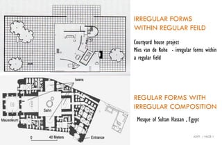 ADITI / PAGE 1
Courtyard house project
Mies van de Rohe - irregular forms within
a regular field
IRREGULAR FORMS
WITHIN REGULAR FEILD
Mosque of Sultan Hassan , Egypt
REGULAR FORMS WITH
IRREGULAR COMPOSITION
 