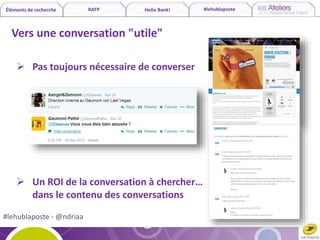 Éléments de recherche RATP Hello Bank! #lehublaposte
Vers une conversation "utile"
 Un ROI de la conversation à chercher…
dans le contenu des conversations
#lehublaposte - @ndriaa
 Pas toujours nécessaire de converser
 