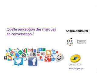 Éléments de recherche RATP Hello Bank! #lehublaposte
Andria Andriuzzi
#lehublaposte
Quelle perception des marques
en conversation ?
 