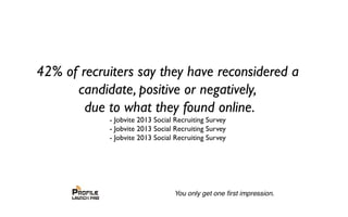42% of recruiters say they have reconsidered a
candidate, positive or negatively,
due to what they found online.
- Jobvite 2013 Social Recruiting Survey
- Jobvite 2013 Social Recruiting Survey
- Jobvite 2013 Social Recruiting Survey
 