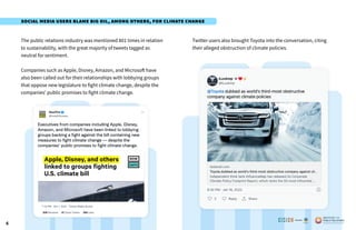 6
The public relations industry was mentioned 801 times in relation
to sustainability, with the great majority of tweets tagged as
neutral for sentiment.
Companies such as Apple, Disney, Amazon, and Microsoft have
also been called out for their relationships with lobbying groups
that oppose new legislature to fight climate change, despite the
companies’ public promises to fight climate change.
Twitter users also brought Toyota into the conversation, citing
their alleged obstruction of climate policies.
Social Media Users Blame Big Oil, Among Others, for Climate Change
Poweredby:
 