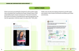 9
Online consumers are pushing for companies to clean up their supply
chain and publish their comprehensive Scope 3 footprint data in their
sustainability reports. Scope 3 emissions are “the result of activities
from assets not owned or controlled by the reporting organization, but
that the organization indirectly impact in its value chain” (EPA, 2022).
Twitter users are also encouraging companies to provide supply
chain details in their climate commitments and follow ups to these
commitments.
SUPPLY CHAIN
Poweredby:
Where are Corporations Going Wrong?
 