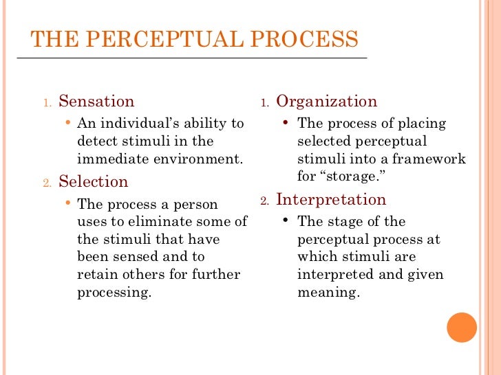 perception process Perception is the process by which stimulation of the senses is translated into meaningful experience the understanding of this process has long been the topic of debate by philosophers. perception process Perception is the process by which stimulation of the senses is translated into meaningful experience the understanding of this process has long been the topic of debate by philosophers.