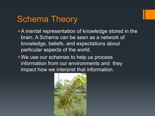Schema Theory 
A mental representation of knowledge stored in the 
brain. A Schema can be seen as a network of 
knowledge, beliefs, and expectations about 
particular aspects of the world. 
We use our schemas to help us process 
information from our environments and they 
impact how we interpret that information. 
 