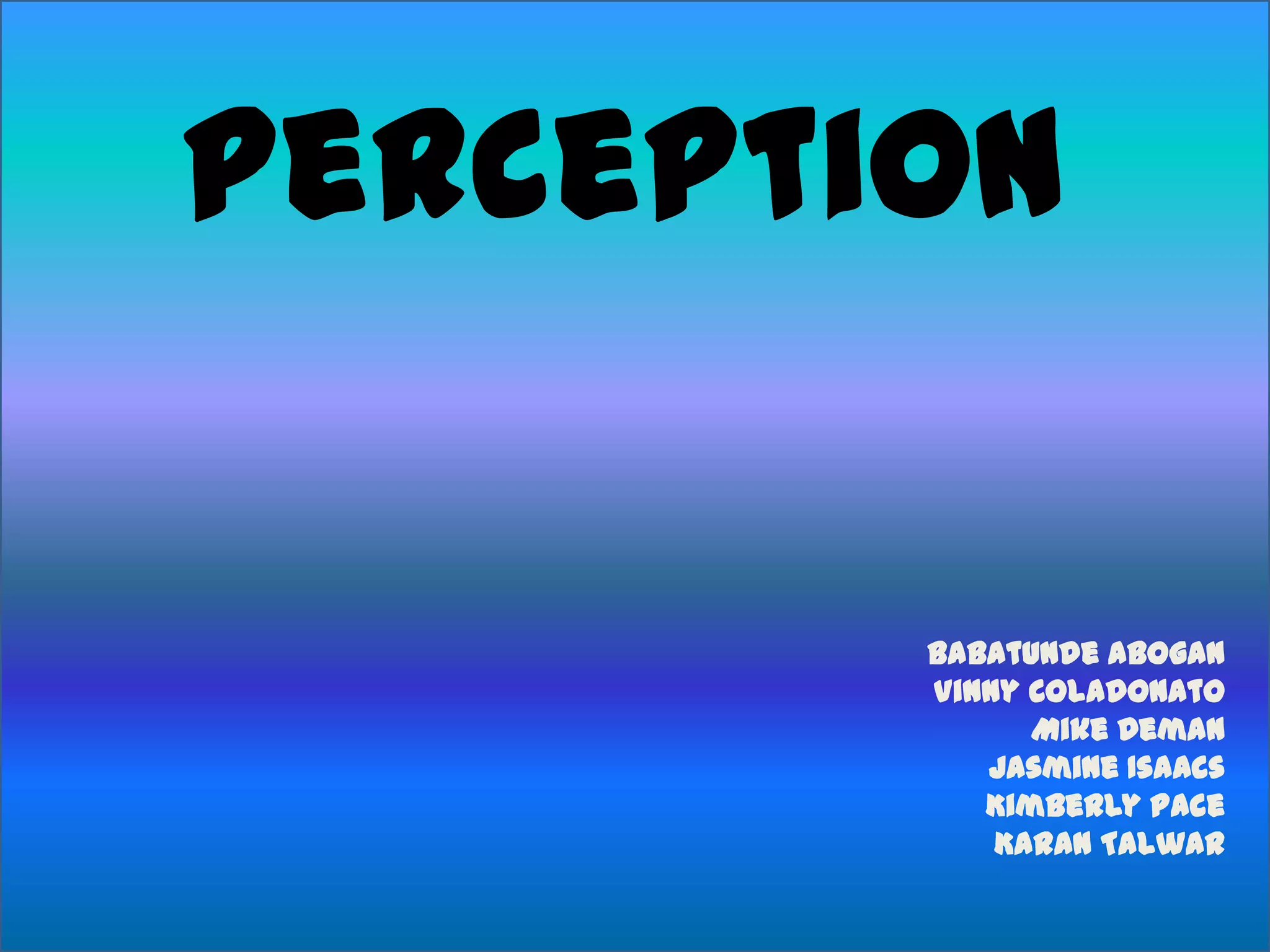 Perception
Babatunde Abogan
Vinny Coladonato
Mike Deman
Jasmine Isaacs
Kimberly Pace
Karan Talwar