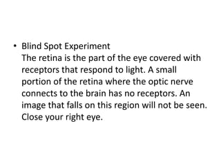• Blind Spot Experiment
  The retina is the part of the eye covered with
  receptors that respond to light. A small
  portion of the retina where the optic nerve
  connects to the brain has no receptors. An
  image that falls on this region will not be seen.
  Close your right eye.
 