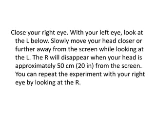 Close your right eye. With your left eye, look at
 the L below. Slowly move your head closer or
 further away from the screen while looking at
 the L. The R will disappear when your head is
 approximately 50 cm (20 in) from the screen.
 You can repeat the experiment with your right
 eye by looking at the R.
 