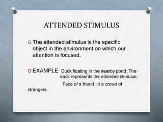 ATTENDED STIMULUS
O The attended stimulus is the specific
object in the environment on which our
attention is focused.
O EXAMPLE
Face of a friend in a crowd of
strangers
Duck floating in the nearby pond ,The
duck represents the attended stimulus.
 