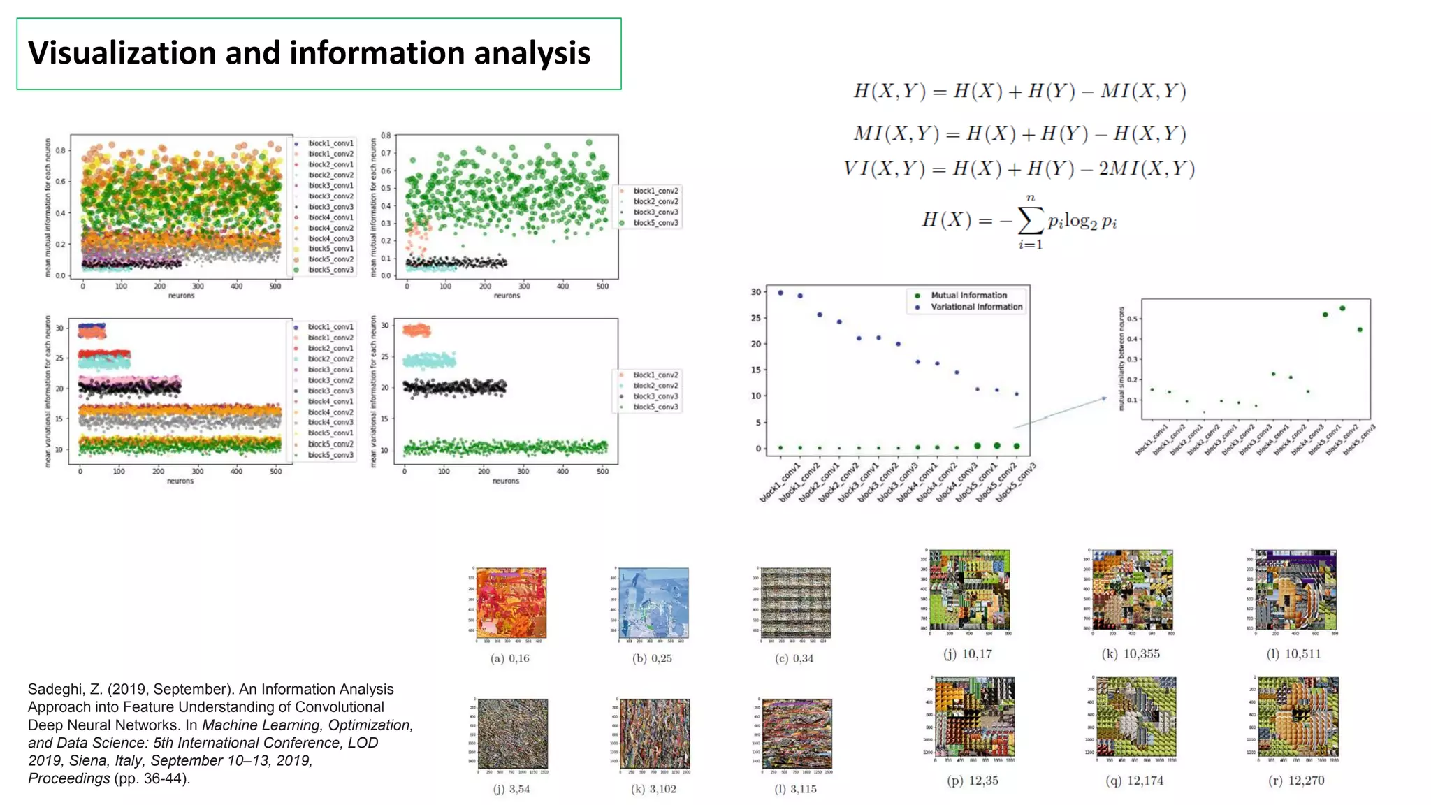 Visualization and information analysis
Sadeghi, Z. (2019, September). An Information Analysis
Approach into Feature Understanding of Convolutional
Deep Neural Networks. In Machine Learning, Optimization,
and Data Science: 5th International Conference, LOD
2019, Siena, Italy, September 10–13, 2019,
Proceedings (pp. 36-44).
 