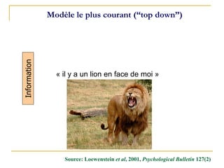 Source: Loewenstein et al, 2001, Psychological Bulletin 127(2)
Modèle le plus courant (“top down”)
Information
« il y a un lion en face de moi »
 
