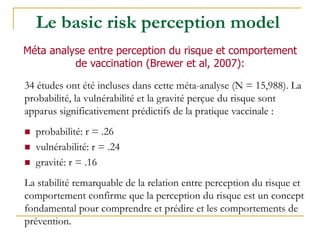 34 études ont été incluses dans cette méta-analyse (N = 15,988). La
probabilité, la vulnérabilité et la gravité perçue du risque sont
apparus significativement prédictifs de la pratique vaccinale :
 probabilité: r = .26
 vulnérabilité: r = .24
 gravité: r = .16
La stabilité remarquable de la relation entre perception du risque et
comportement confirme que la perception du risque est un concept
fondamental pour comprendre et prédire et les comportements de
prévention.
Méta analyse entre perception du risque et comportement
de vaccination (Brewer et al, 2007):
Le basic risk perception model
 