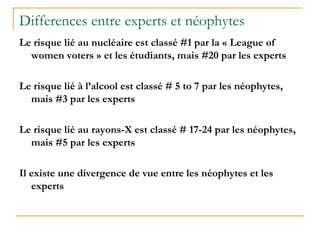 Differences entre experts et néophytes
Le risque lié au nucléaire est classé #1 par la « League of
women voters » et les étudiants, mais #20 par les experts
Le risque lié à l’alcool est classé # 5 to 7 par les néophytes,
mais #3 par les experts
Le risque lié au rayons-X est classé # 17-24 par les néophytes,
mais #5 par les experts
Il existe une divergence de vue entre les néophytes et les
experts
 