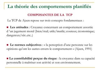 La théorie des comportements planifiés
COMPOSANTES DE LA TCP
La TCP de Ajzen repose sur trois concepts fondamentaux :
 Les attitudes : Croyance concernant un comportement assortie
d ’un jugement moral (bien/mal; utile/inutile; couteux; économique;
dangereux/sûr..etc..)
 Le normes subjectives : « la perception d’une personne sur les
opinions qu’ont les autres envers le comportement » (Ajzen, 1991)
 La contrôlabilité perçue du risque : la croyance dans sa capacité
personnelle à maîtriser son activité et son environnement.
 