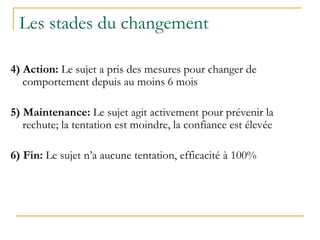 Les stades du changement
4) Action: Le sujet a pris des mesures pour changer de
comportement depuis au moins 6 mois
5) Maintenance: Le sujet agit activement pour prévenir la
rechute; la tentation est moindre, la confiance est élevée
6) Fin: Le sujet n’a aucune tentation, efficacité à 100%
 