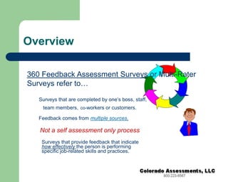 Overview360 Feedback Assessment Surveys or Multi-Rater Surveys refer to…Surveys that are completed by one’s boss, staff, team members,co-workers or customers.