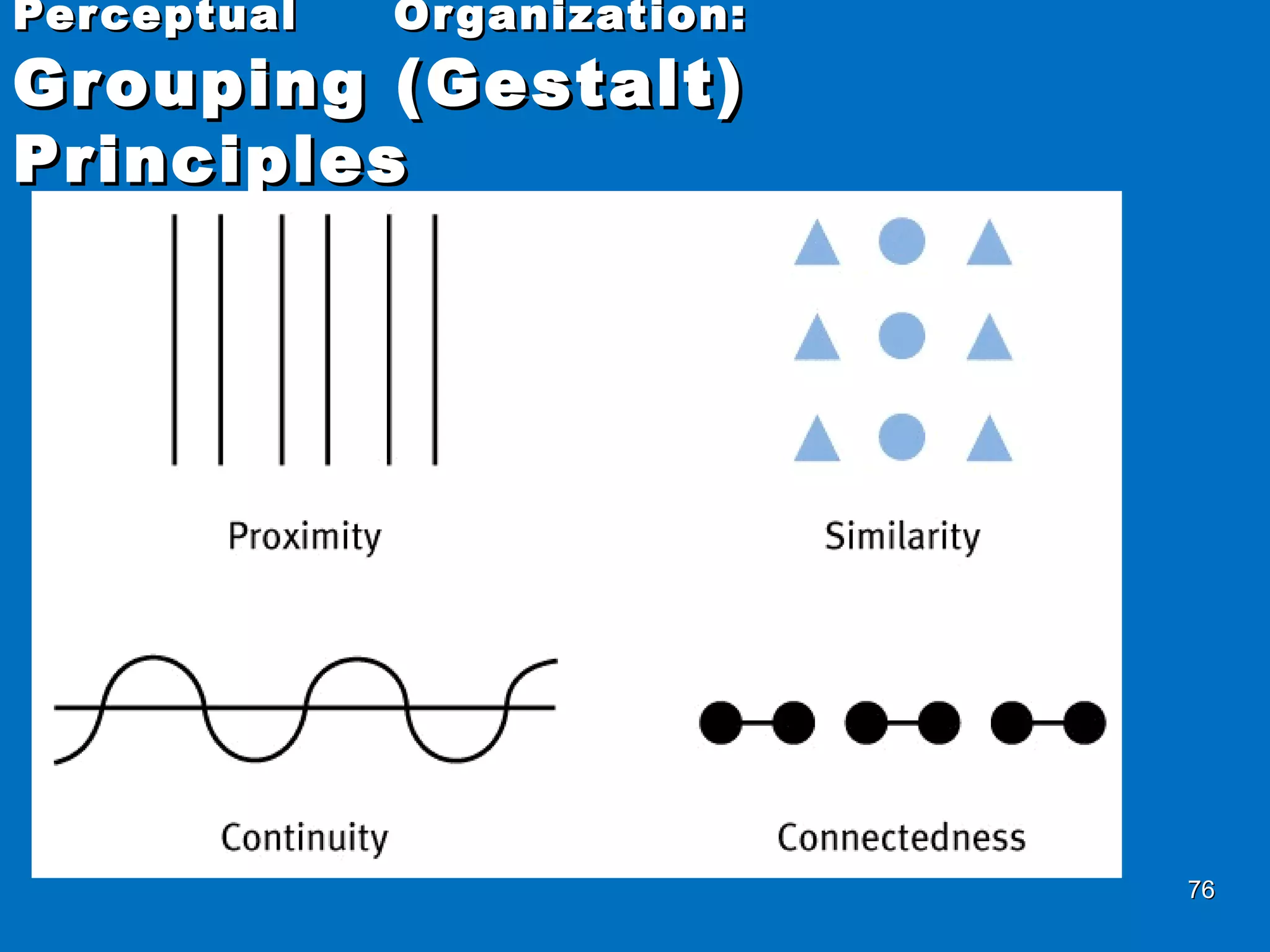 7676
PerceptualPerceptual Organization:Organization:
Grouping (Gestalt)Grouping (Gestalt)
PrinciplesPrinciples
 