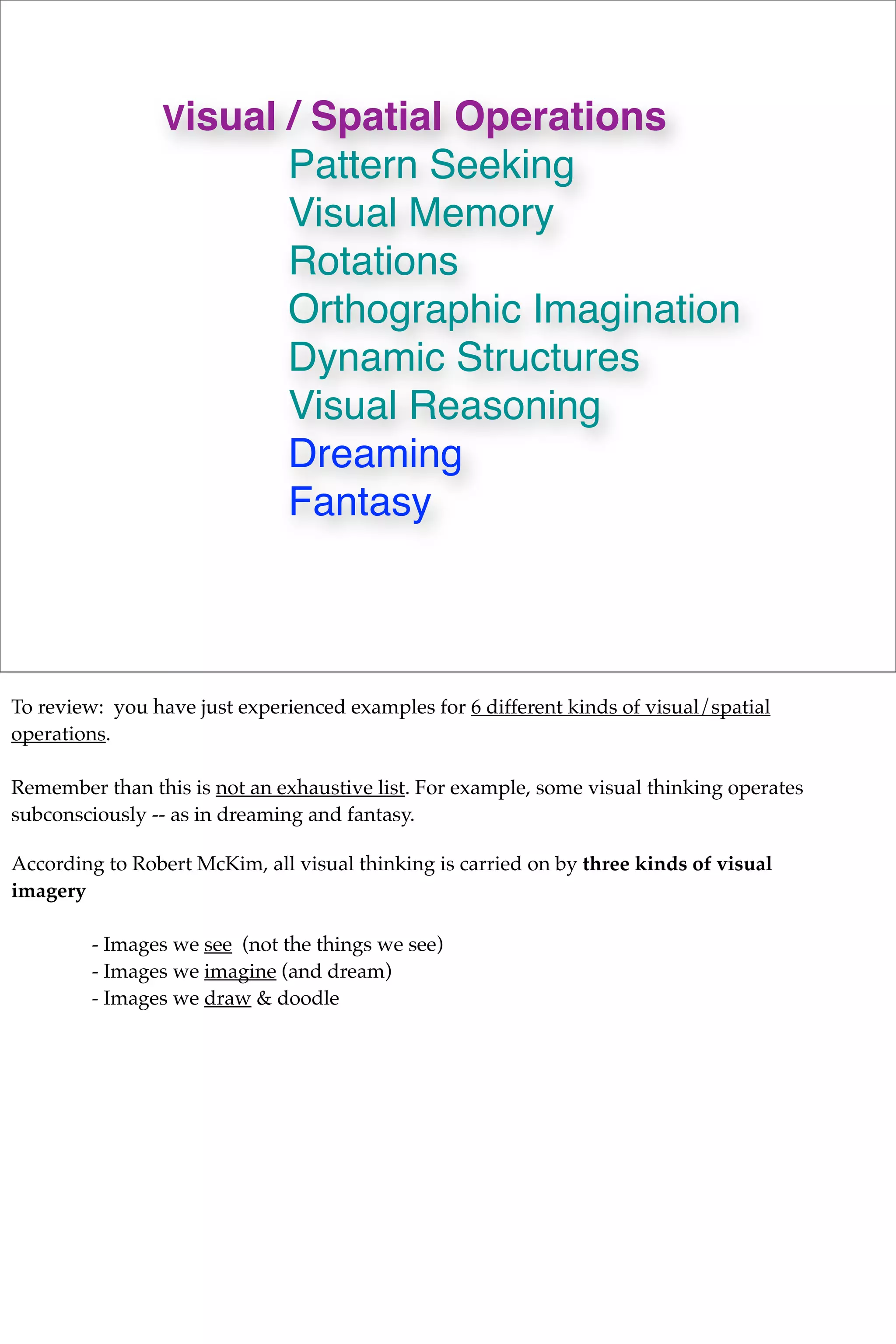 Visual / Spatial Operations
Pattern Seeking
Visual Memory
Rotations
Orthographic Imagination
Dynamic Structures
! ! Visual Reasoning
! ! Dreaming
! ! Fantasy
To review: you have just experienced examples for 6 different kinds of visual/spatial
operations.
Remember than this is not an exhaustive list. For example, some visual thinking operates
subconsciously -- as in dreaming and fantasy.
According to Robert McKim, all visual thinking is carried on by three kinds of visual
imagery
- Images we see (not the things we see)
- Images we imagine (and dream)
- Images we draw & doodle
 